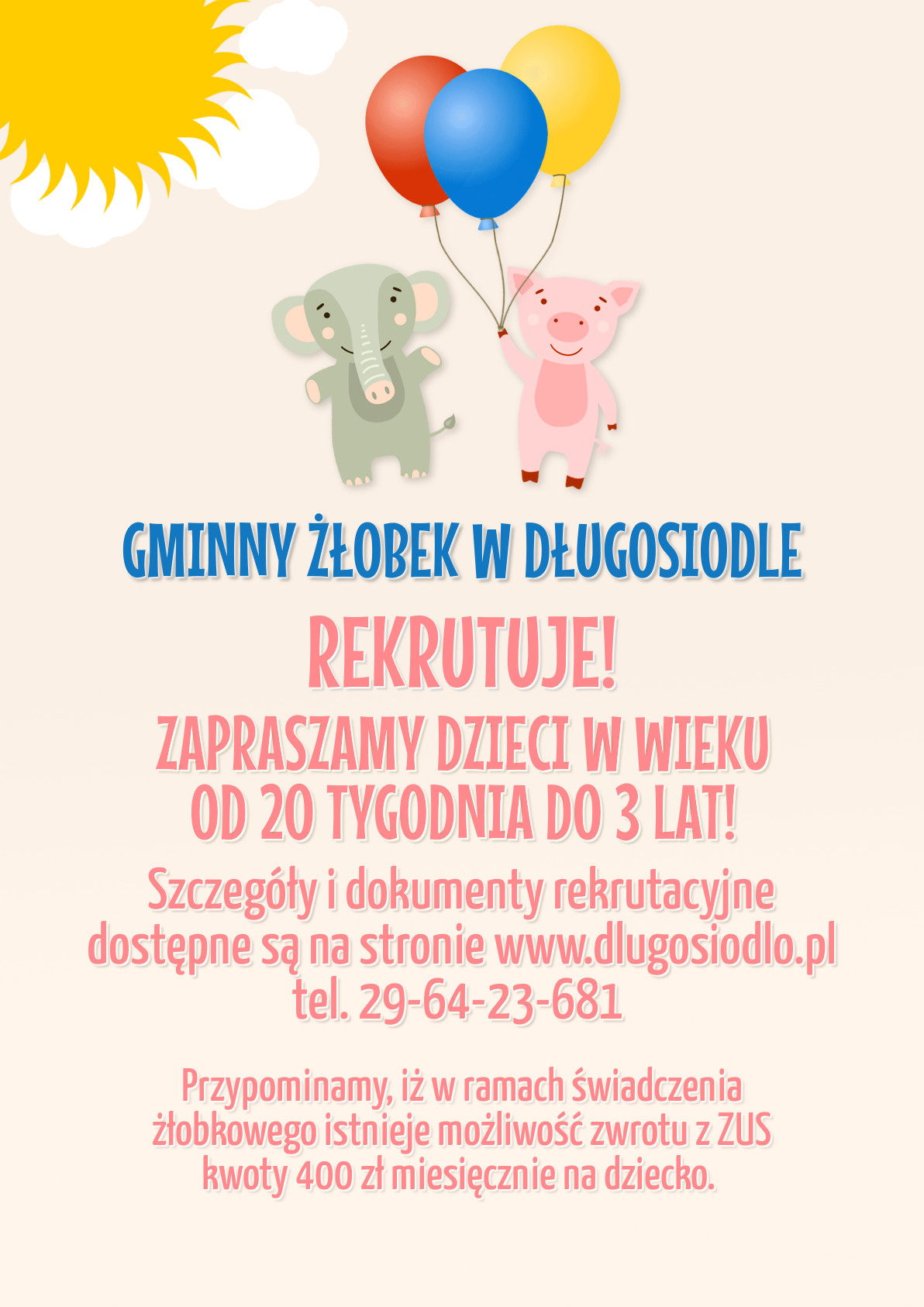 Plakat: Gminny Żłobek w Długosiodle rekrutuje!