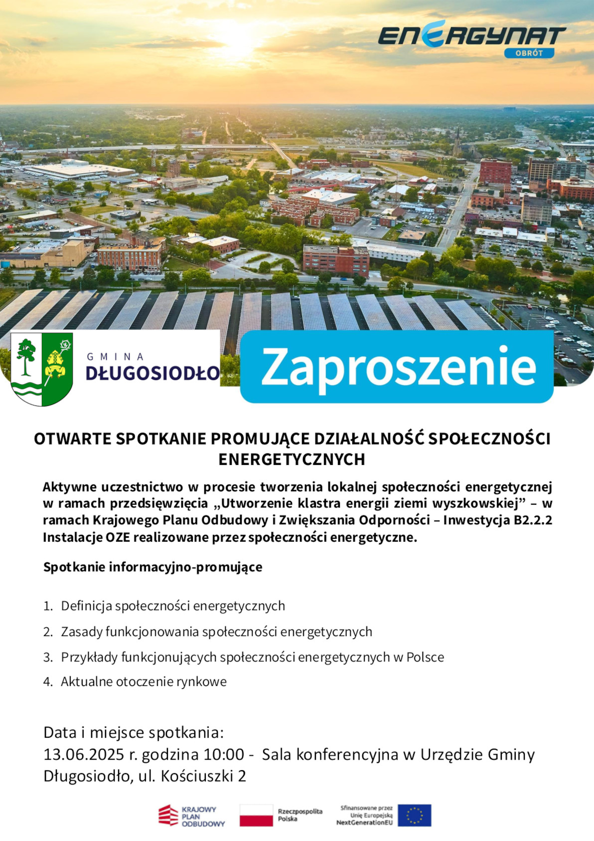 Plakat:  Otwarte spotkanie promujące działalność społeczności energetycznych