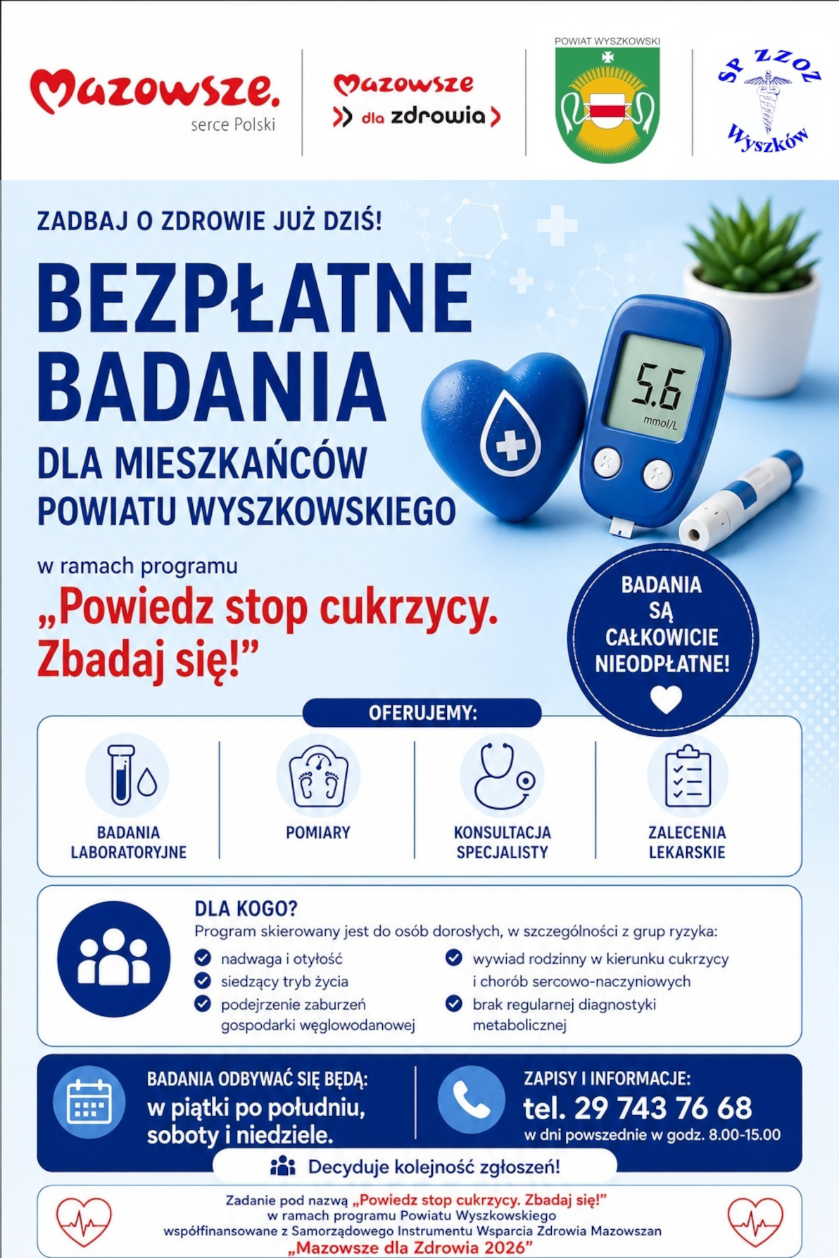 Plakat: Stop cukrzycy - bezpłatne badania